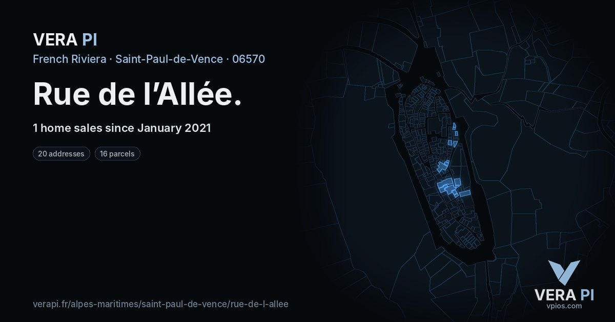Rue de l’Allée, Saint-Paul-de-Vence at night – every parcel coloured by the prices around it, the street's own parcels lit