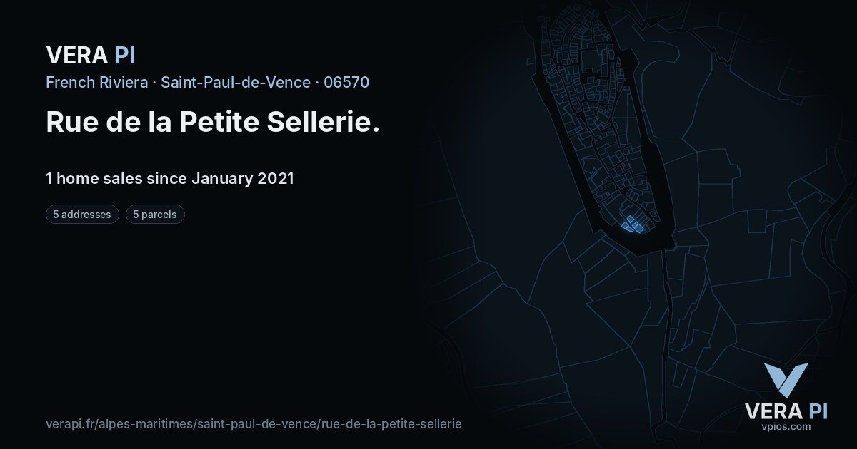 Rue de la Petite Sellerie, Saint-Paul-de-Vence at night – every parcel coloured by the prices around it, the street's own parcels lit