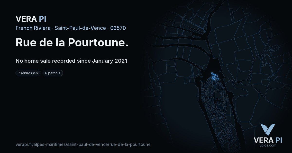Rue de la Pourtoune, Saint-Paul-de-Vence at night – every parcel coloured by the prices around it, the street's own parcels lit