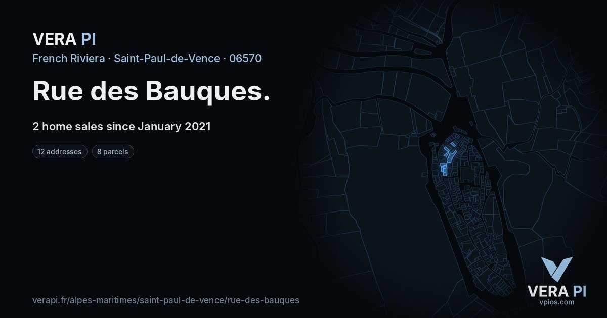 Rue des Bauques, Saint-Paul-de-Vence at night – every parcel coloured by the prices around it, the street's own parcels lit