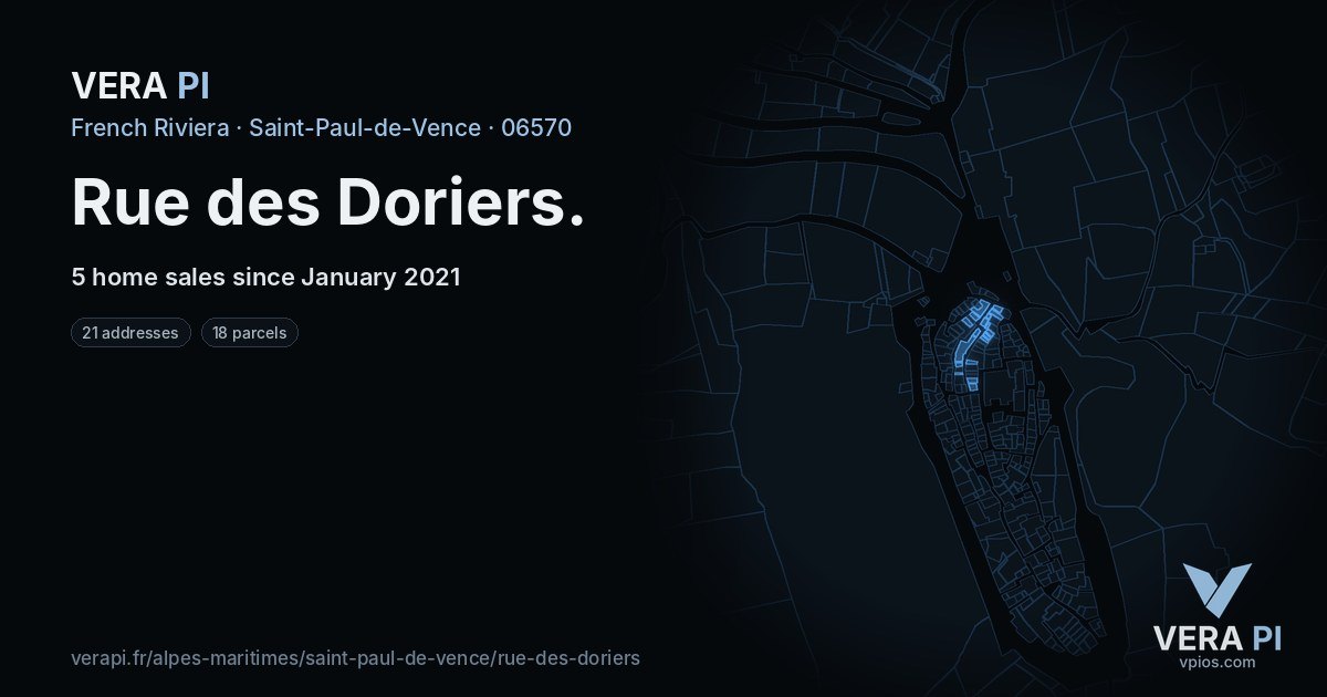 Rue des Doriers, Saint-Paul-de-Vence at night – every parcel coloured by the prices around it, the street's own parcels lit