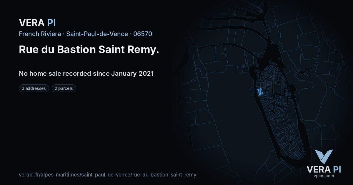 Rue du Bastion Saint Remy, Saint-Paul-de-Vence at night – every parcel coloured by the prices around it, the street's own parcels lit