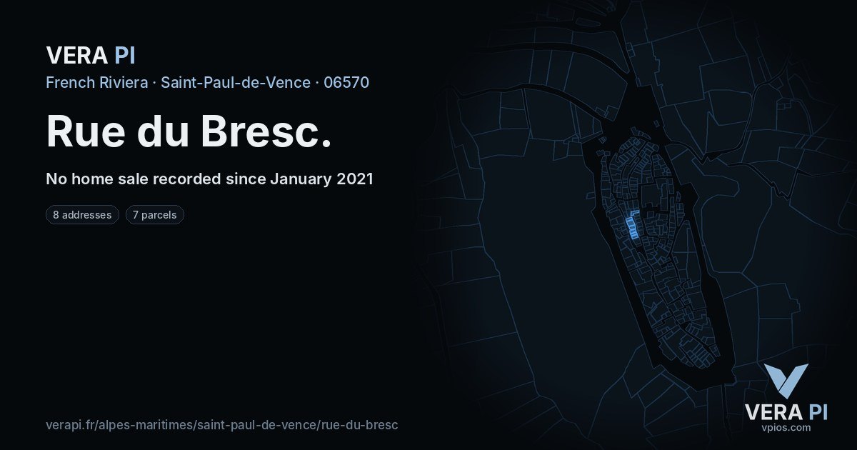 Rue du Bresc, Saint-Paul-de-Vence at night – every parcel coloured by the prices around it, the street's own parcels lit