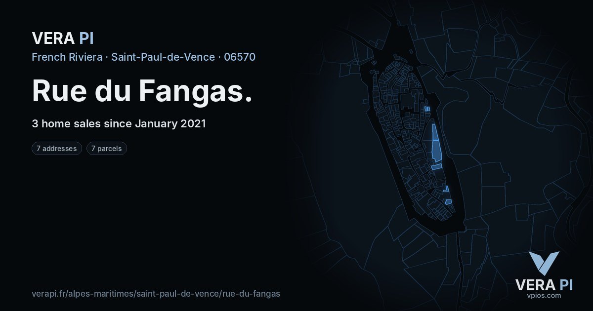 Rue du Fangas, Saint-Paul-de-Vence at night – every parcel coloured by the prices around it, the street's own parcels lit
