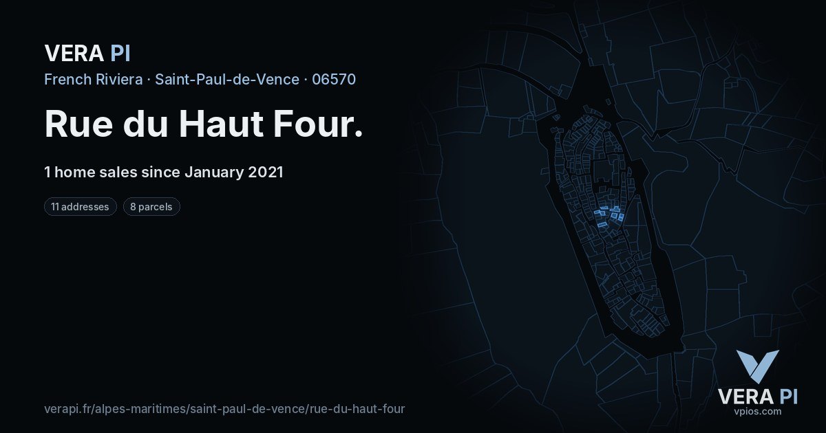 Rue du Haut Four, Saint-Paul-de-Vence at night – every parcel coloured by the prices around it, the street's own parcels lit