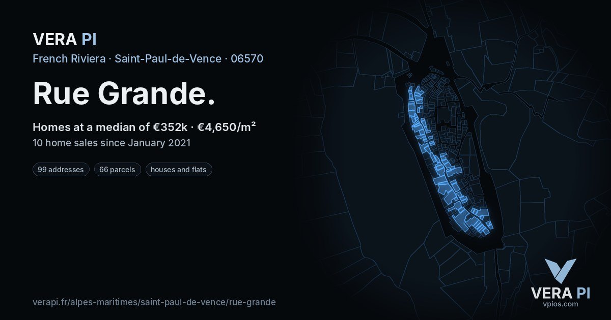 Rue Grande, Saint-Paul-de-Vence at night – every parcel coloured by the prices around it, the street's own parcels lit