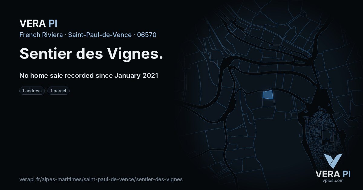 Sentier des Vignes, Saint-Paul-de-Vence at night – every parcel coloured by the prices around it, the street's own parcels lit