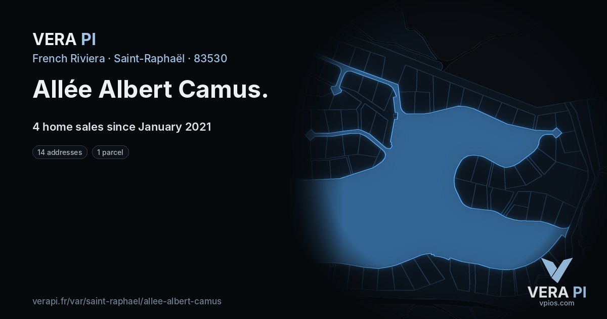 Allée Albert Camus, Saint-Raphaël at night – every parcel coloured by the prices around it, the street's own parcels lit