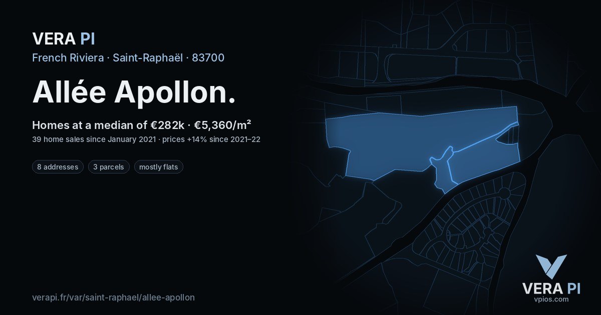 Allée Apollon, Saint-Raphaël at night – every parcel coloured by the prices around it, the street's own parcels lit