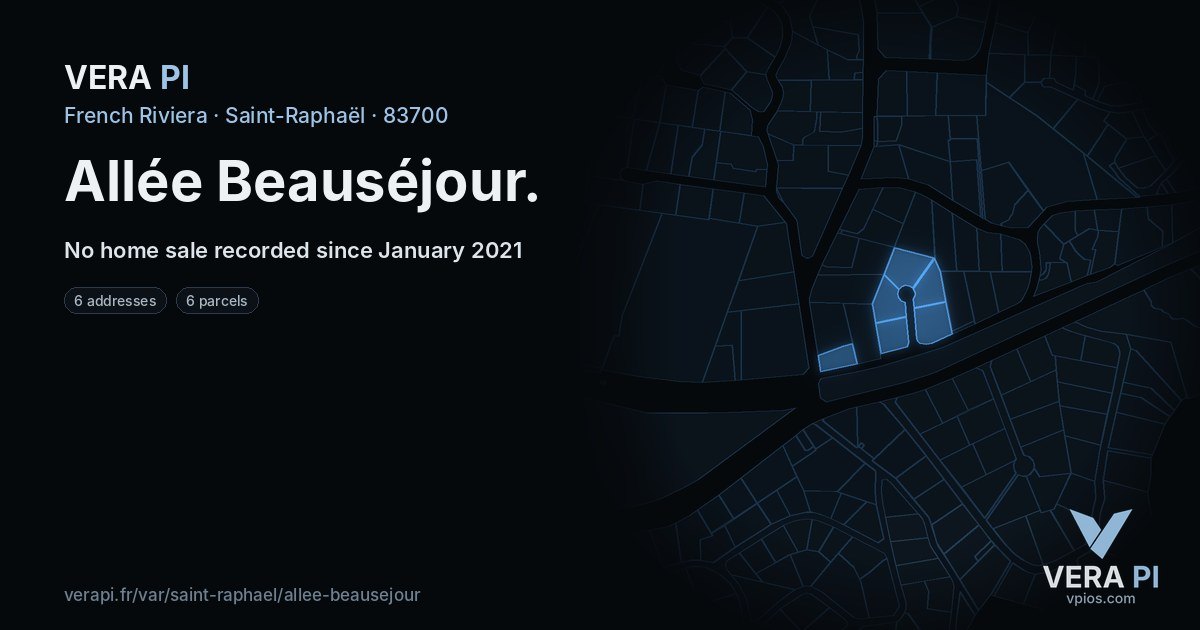 Allée Beauséjour, Saint-Raphaël at night – every parcel coloured by the prices around it, the street's own parcels lit