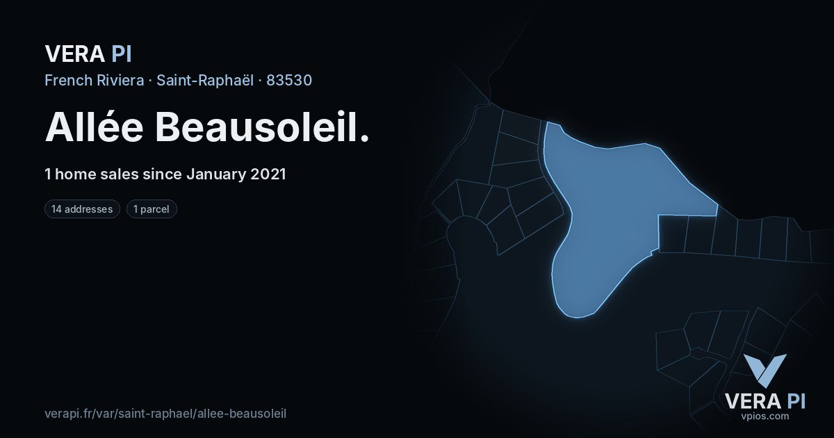 Allée Beausoleil, Saint-Raphaël at night – every parcel coloured by the prices around it, the street's own parcels lit