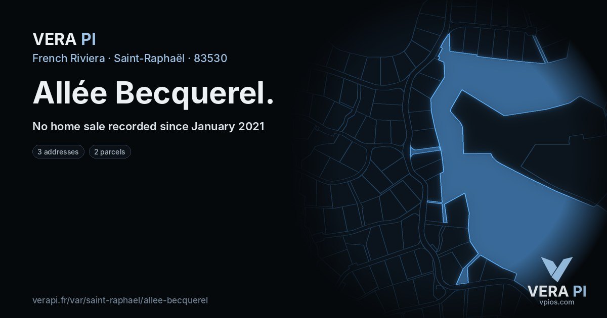 Allée Becquerel, Saint-Raphaël at night – every parcel coloured by the prices around it, the street's own parcels lit