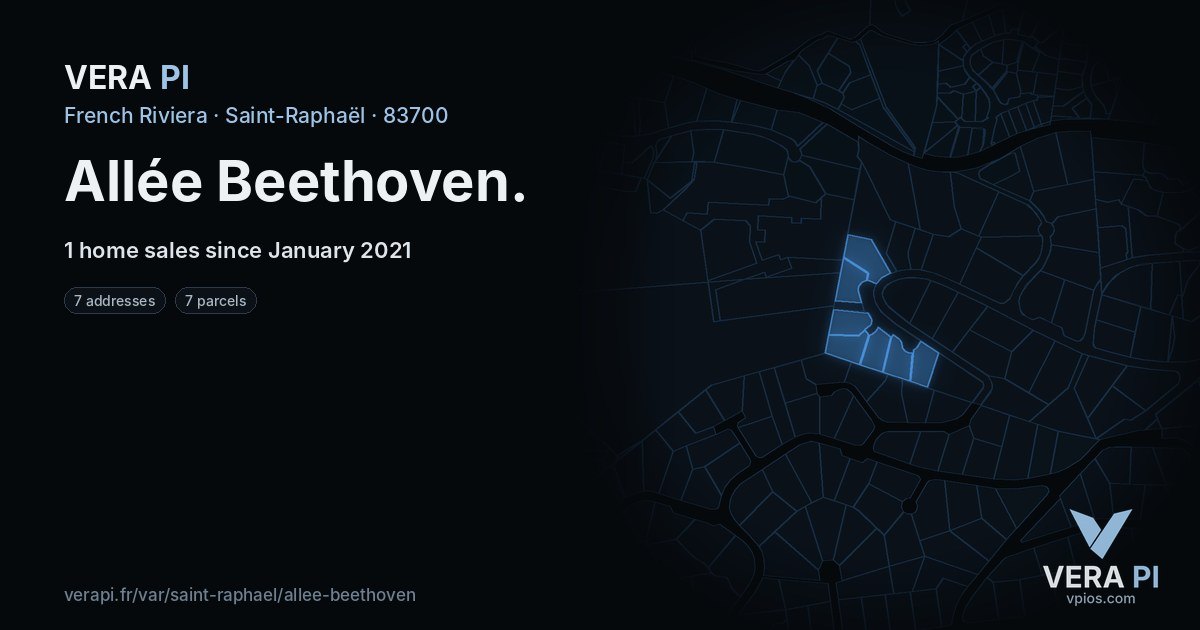 Allée Beethoven, Saint-Raphaël at night – every parcel coloured by the prices around it, the street's own parcels lit