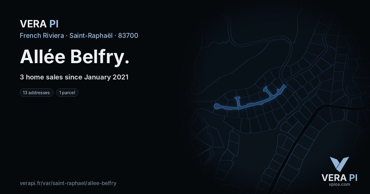 Allée Belfry, Saint-Raphaël at night – every parcel coloured by the prices around it, the street's own parcels lit