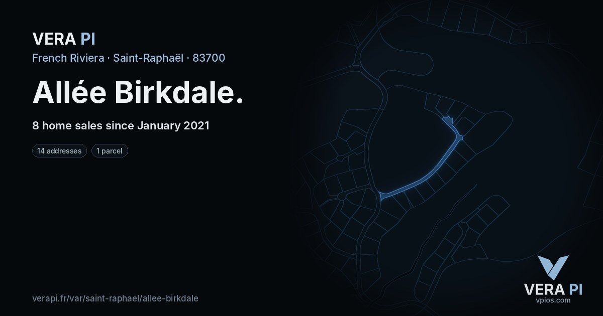 Allée Birkdale, Saint-Raphaël at night – every parcel coloured by the prices around it, the street's own parcels lit