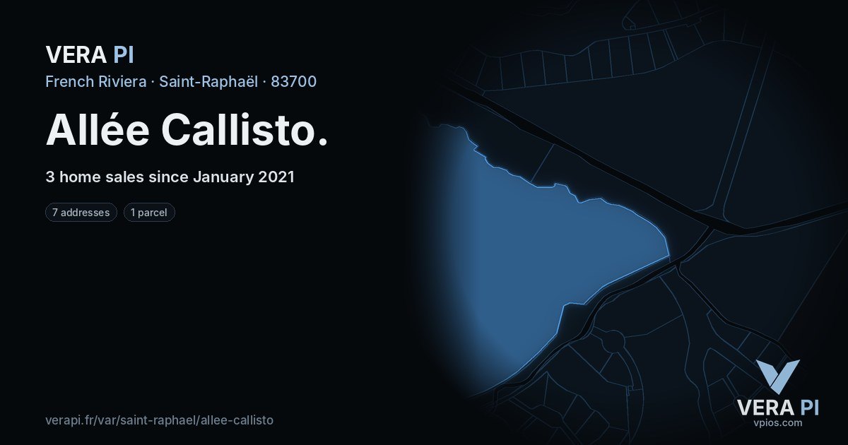 Allée Callisto, Saint-Raphaël at night – every parcel coloured by the prices around it, the street's own parcels lit