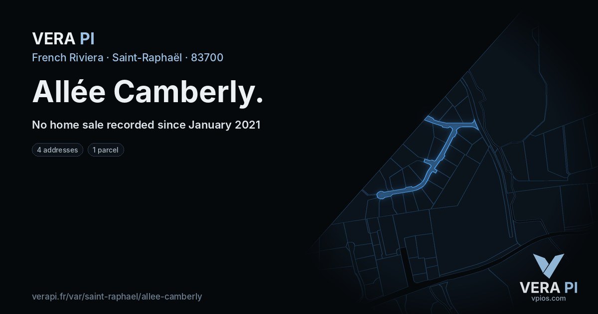 Allée Camberly, Saint-Raphaël at night – every parcel coloured by the prices around it, the street's own parcels lit