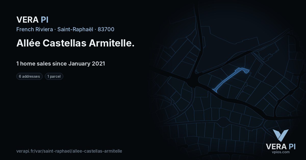 Allée Castellas Armitelle, Saint-Raphaël at night – every parcel coloured by the prices around it, the street's own parcels lit