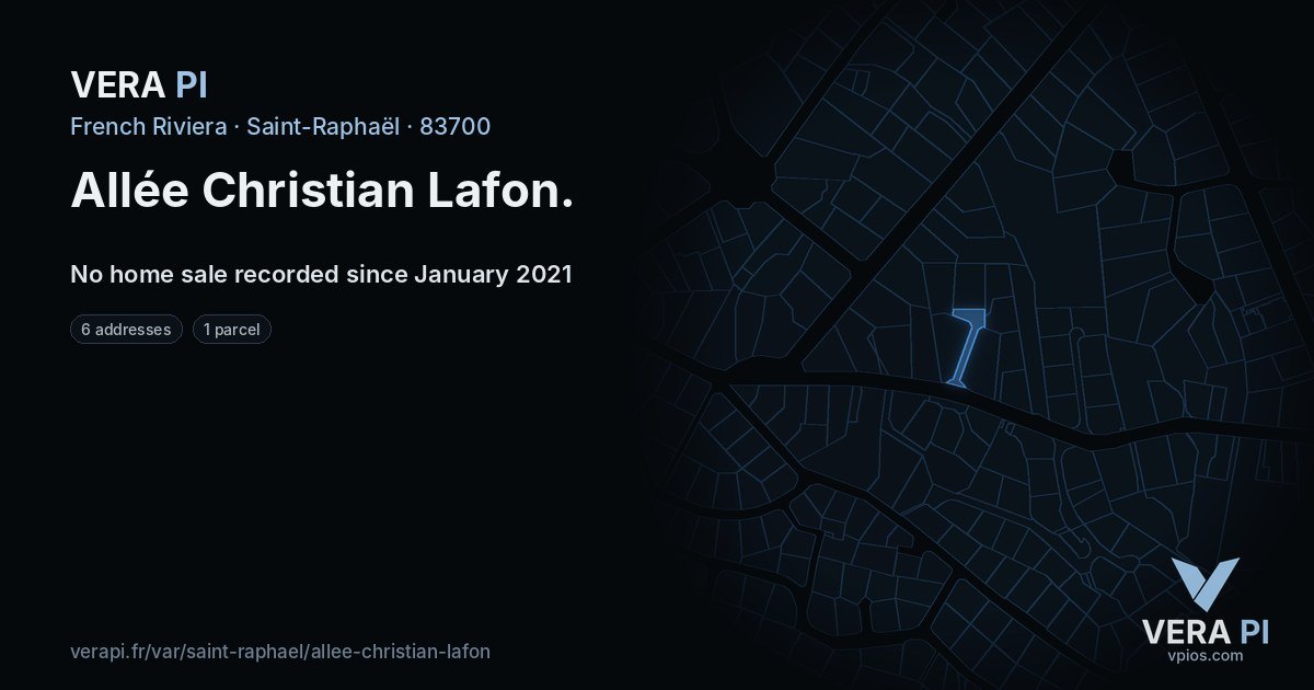 Allée Christian Lafon, Saint-Raphaël at night – every parcel coloured by the prices around it, the street's own parcels lit