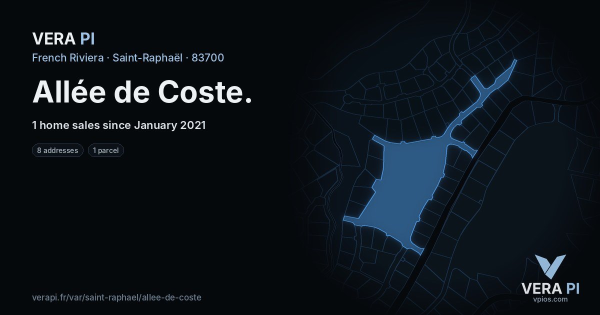 Allée de Coste, Saint-Raphaël at night – every parcel coloured by the prices around it, the street's own parcels lit