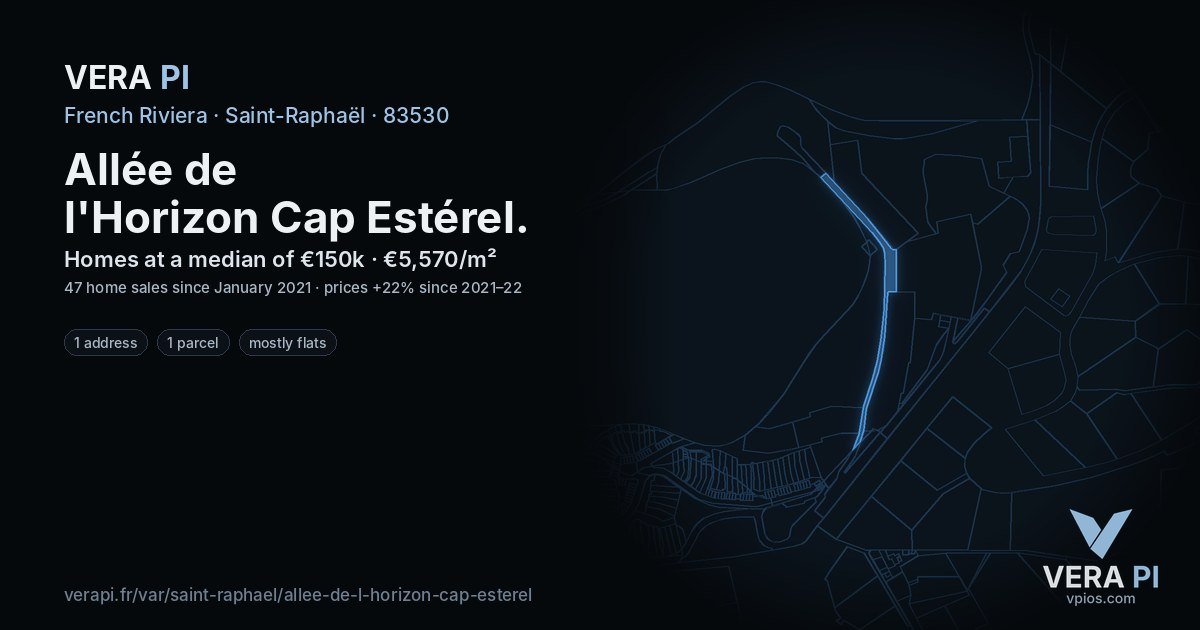 Allée de l'Horizon Cap Estérel, Saint-Raphaël at night – every parcel coloured by the prices around it, the street's own parcels lit