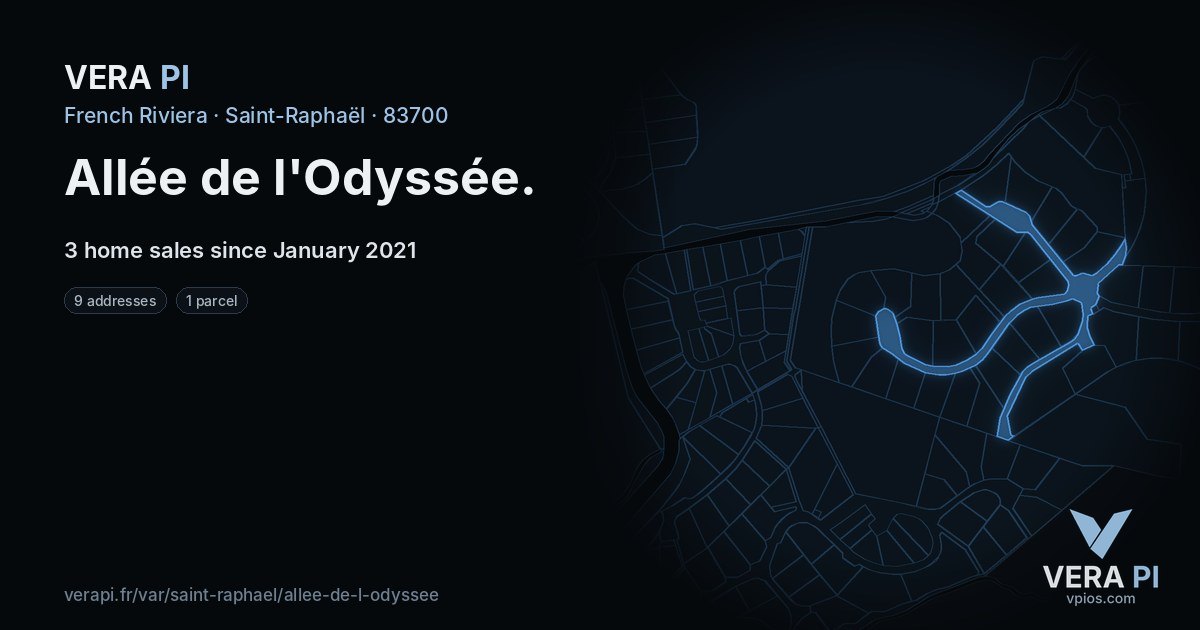 Allée de l'Odyssée, Saint-Raphaël at night – every parcel coloured by the prices around it, the street's own parcels lit