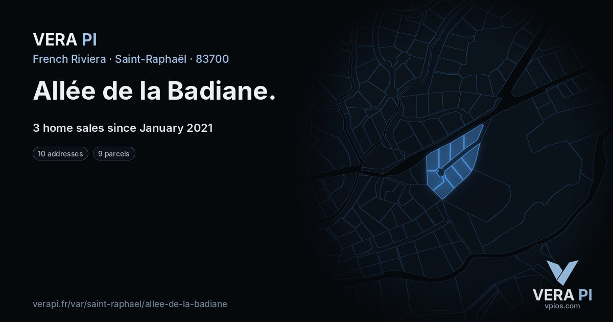 Allée de la Badiane, Saint-Raphaël at night – every parcel coloured by the prices around it, the street's own parcels lit