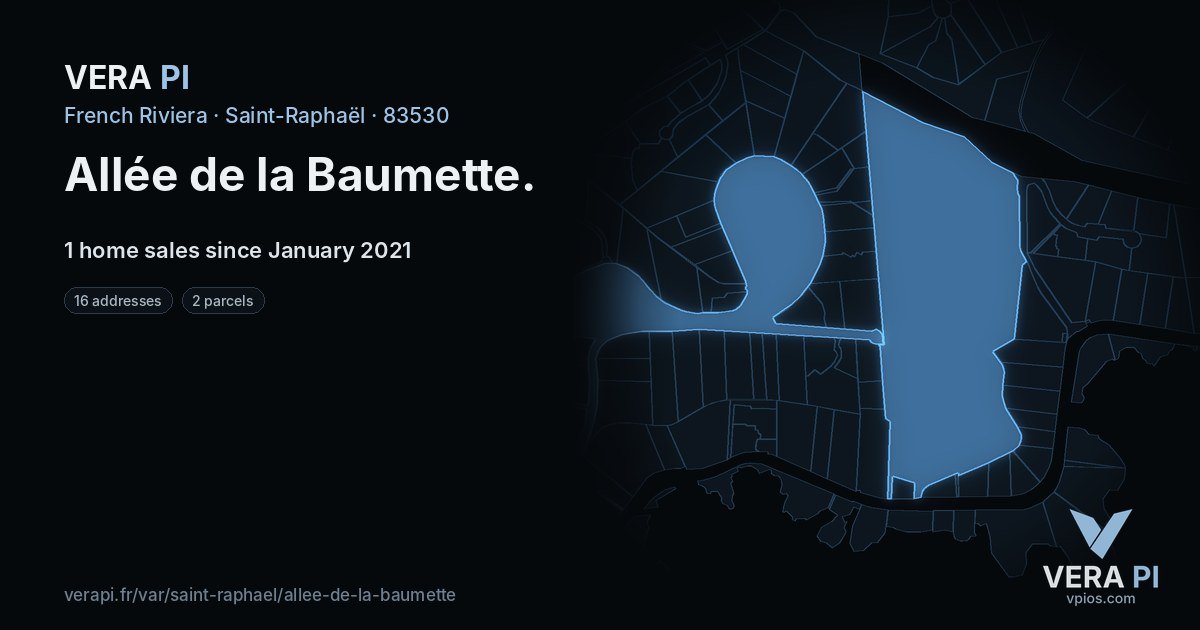 Allée de la Baumette, Saint-Raphaël at night – every parcel coloured by the prices around it, the street's own parcels lit