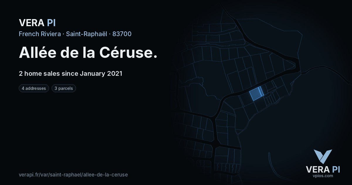 Allée de la Céruse, Saint-Raphaël at night – every parcel coloured by the prices around it, the street's own parcels lit