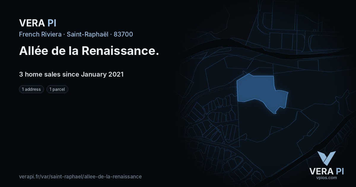 Allée de la Renaissance, Saint-Raphaël at night – every parcel coloured by the prices around it, the street's own parcels lit