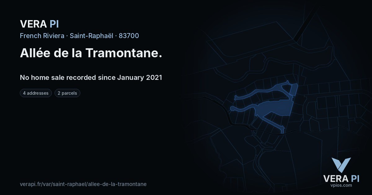 Allée de la Tramontane, Saint-Raphaël at night – every parcel coloured by the prices around it, the street's own parcels lit