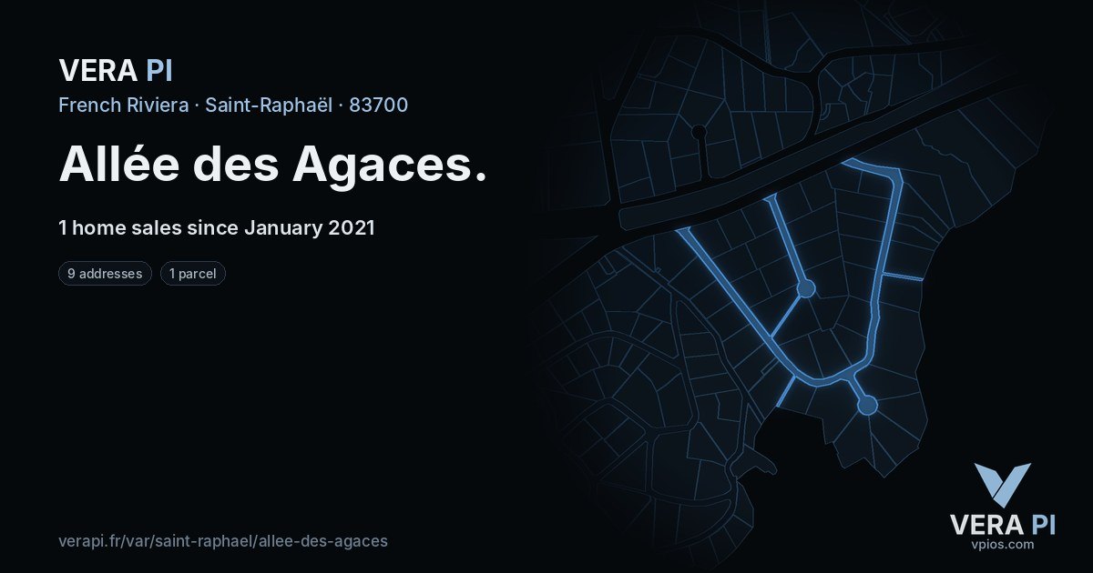 Allée des Agaces, Saint-Raphaël at night – every parcel coloured by the prices around it, the street's own parcels lit
