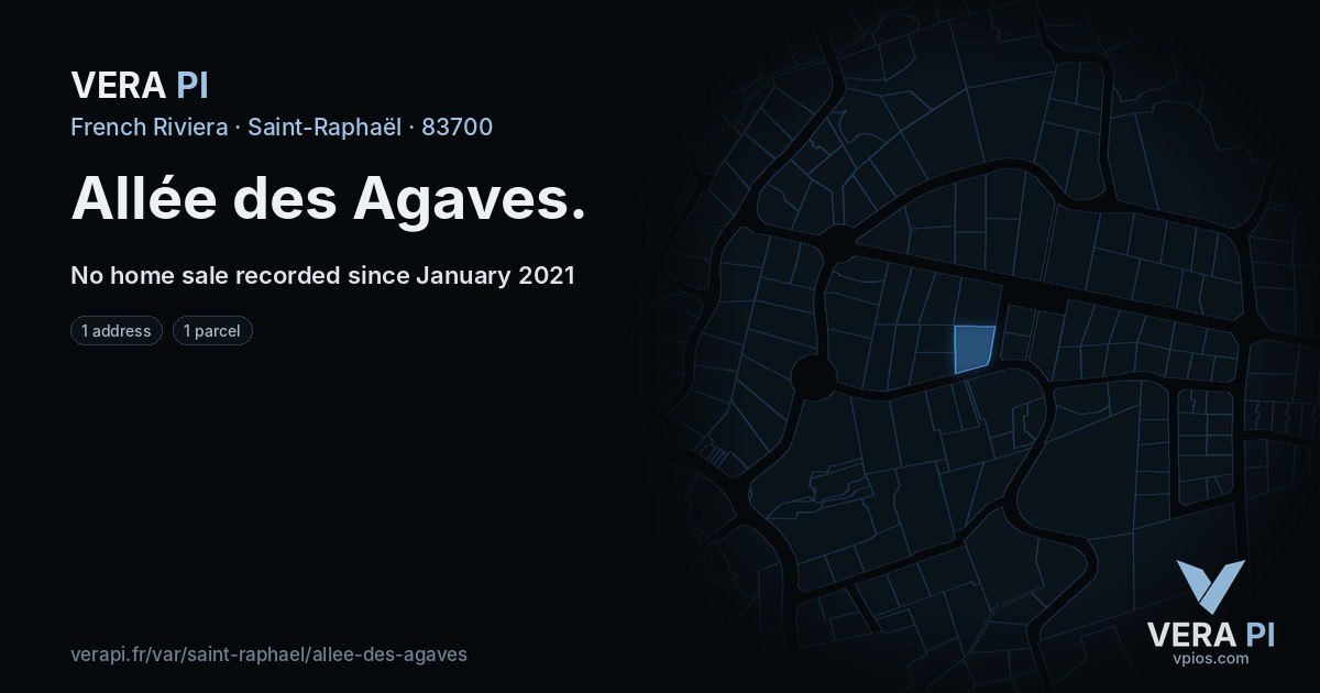 Allée des Agaves, Saint-Raphaël at night – every parcel coloured by the prices around it, the street's own parcels lit