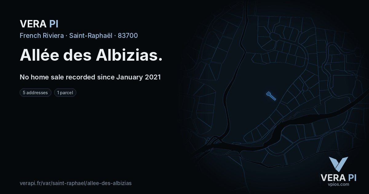 Allée des Albizias, Saint-Raphaël at night – every parcel coloured by the prices around it, the street's own parcels lit