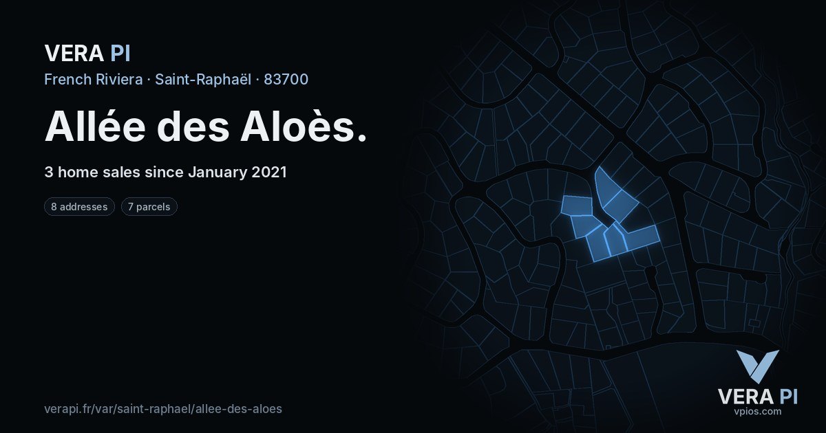 Allée des Aloès, Saint-Raphaël at night – every parcel coloured by the prices around it, the street's own parcels lit