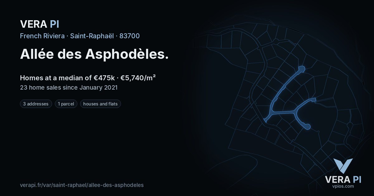 Allée des Asphodèles, Saint-Raphaël at night – every parcel coloured by the prices around it, the street's own parcels lit