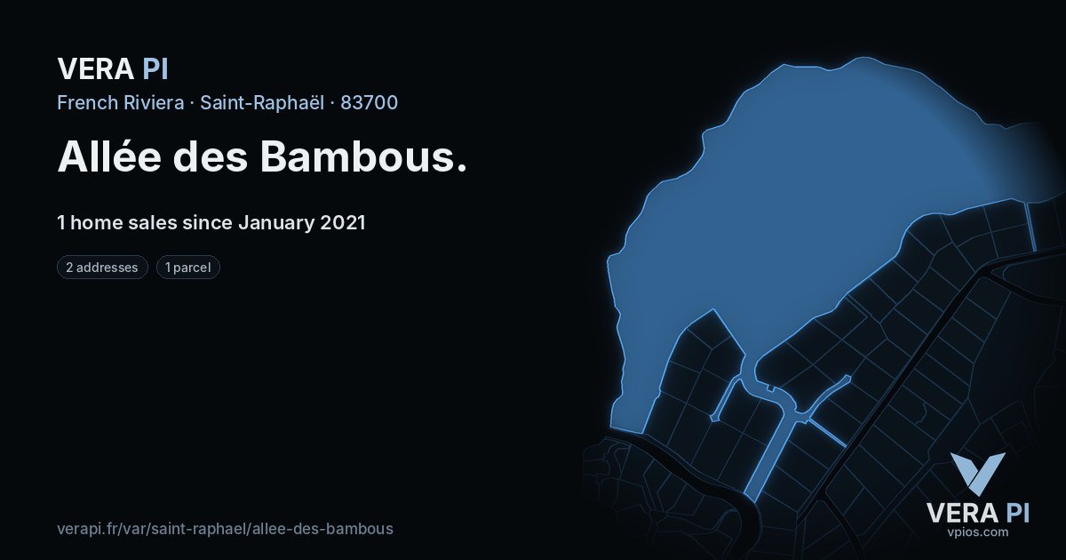 Allée des Bambous, Saint-Raphaël at night – every parcel coloured by the prices around it, the street's own parcels lit