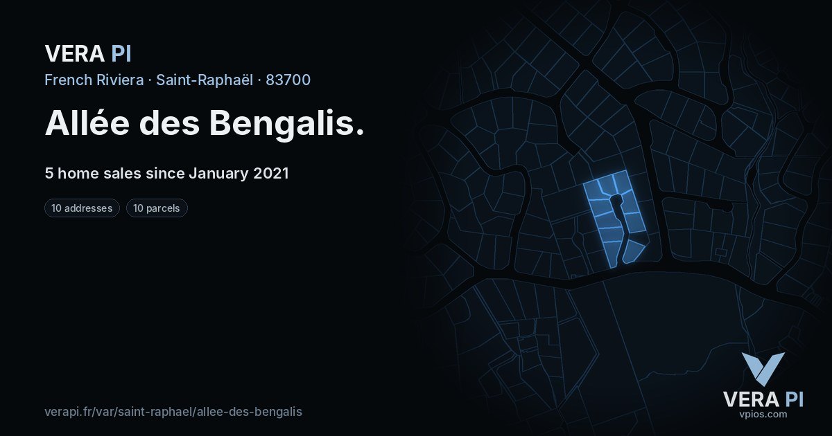 Allée des Bengalis, Saint-Raphaël at night – every parcel coloured by the prices around it, the street's own parcels lit