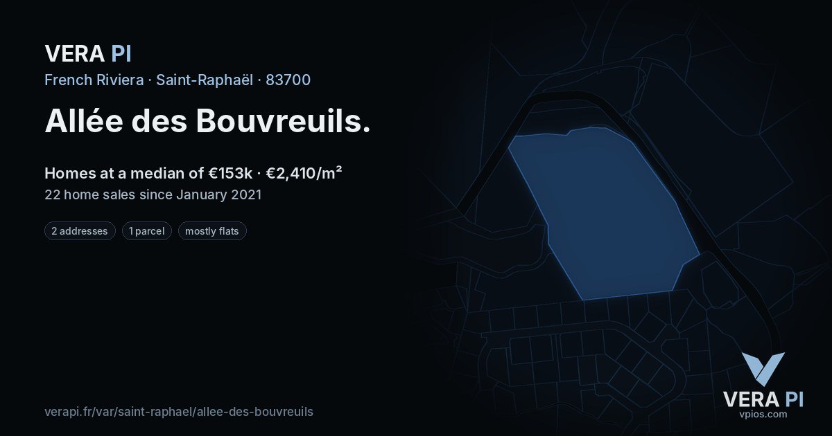 Allée des Bouvreuils, Saint-Raphaël at night – every parcel coloured by the prices around it, the street's own parcels lit