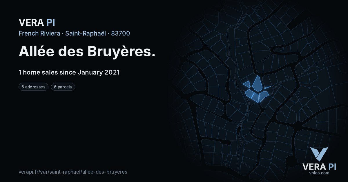 Allée des Bruyères, Saint-Raphaël at night – every parcel coloured by the prices around it, the street's own parcels lit