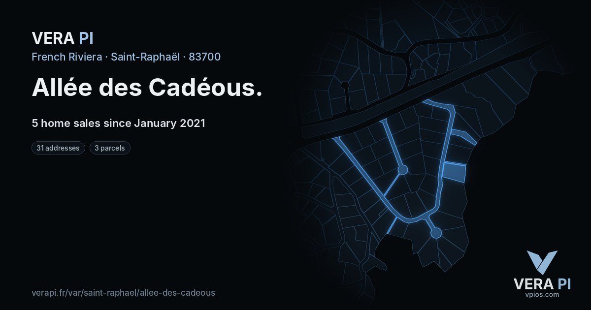 Allée des Cadéous, Saint-Raphaël at night – every parcel coloured by the prices around it, the street's own parcels lit