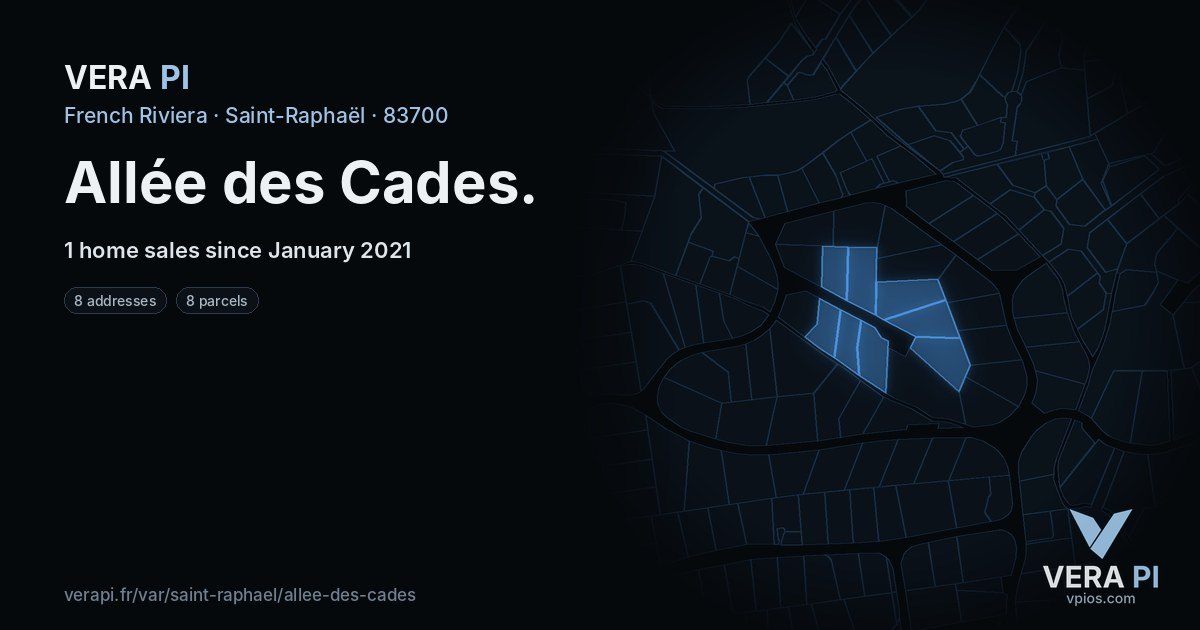 Allée des Cades, Saint-Raphaël at night – every parcel coloured by the prices around it, the street's own parcels lit