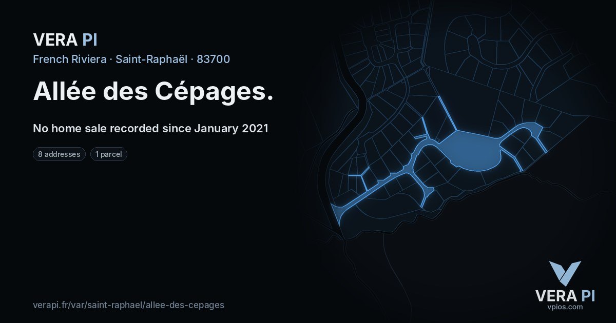 Allée des Cépages, Saint-Raphaël at night – every parcel coloured by the prices around it, the street's own parcels lit