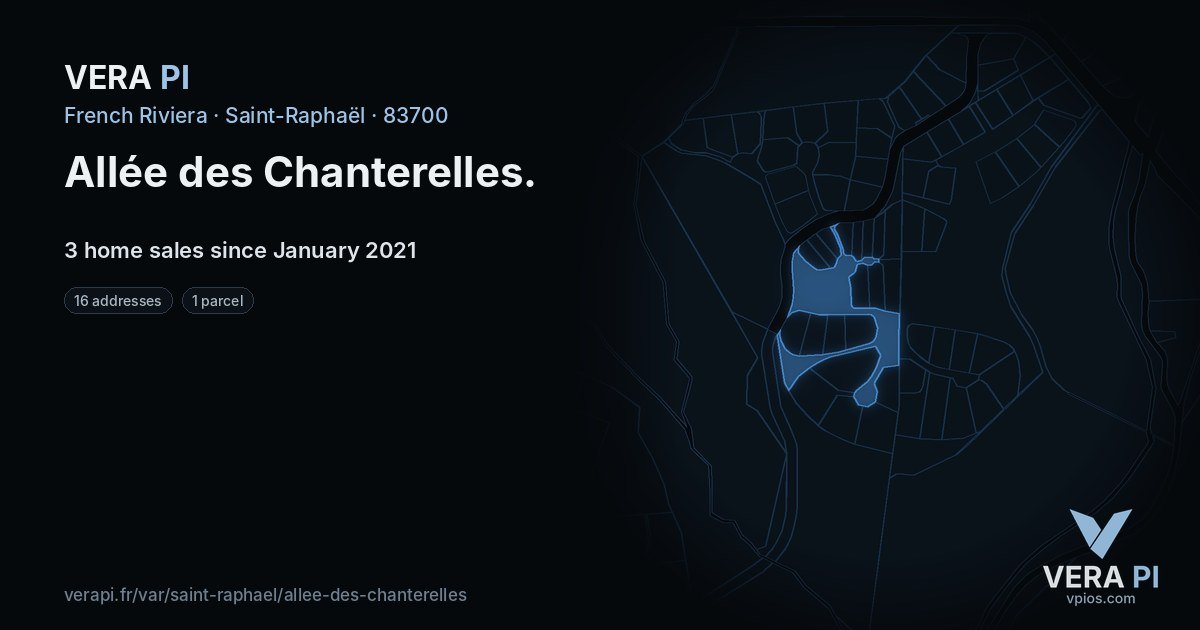 Allée des Chanterelles, Saint-Raphaël at night – every parcel coloured by the prices around it, the street's own parcels lit