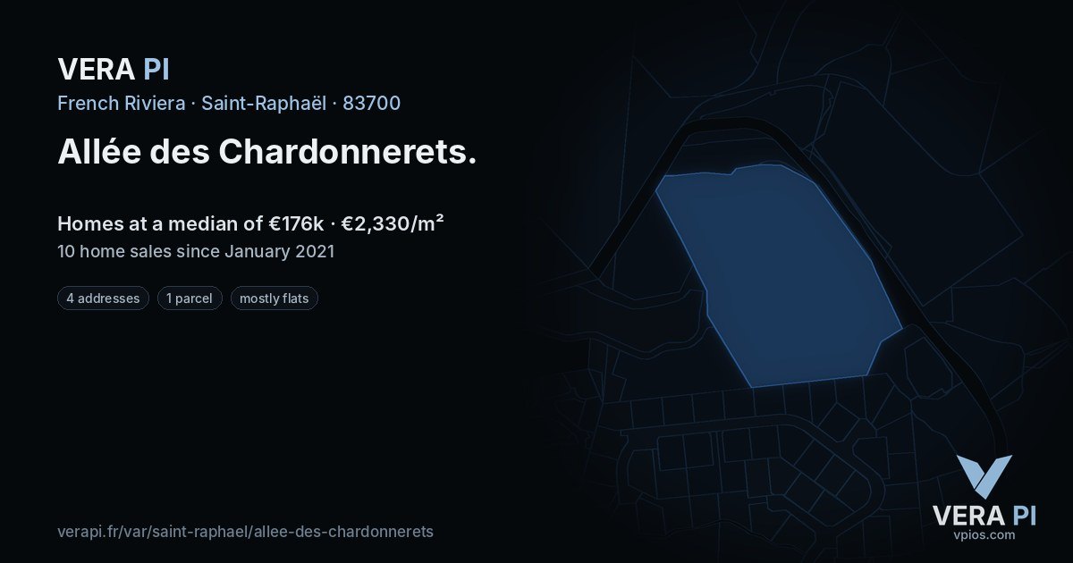 Allée des Chardonnerets, Saint-Raphaël at night – every parcel coloured by the prices around it, the street's own parcels lit