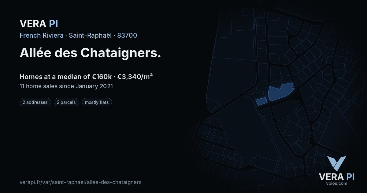 Allée des Chataigners, Saint-Raphaël at night – every parcel coloured by the prices around it, the street's own parcels lit