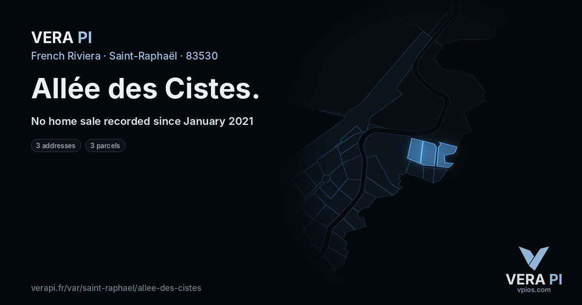 Allée des Cistes, Saint-Raphaël at night – every parcel coloured by the prices around it, the street's own parcels lit