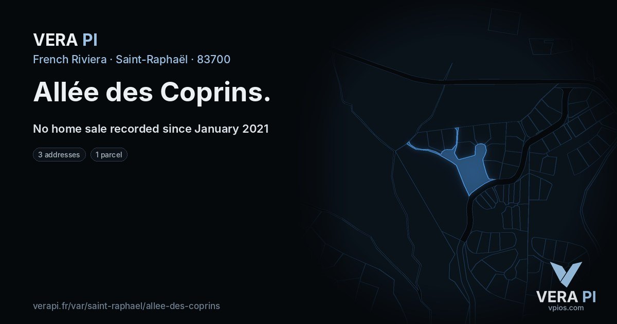 Allée des Coprins, Saint-Raphaël at night – every parcel coloured by the prices around it, the street's own parcels lit