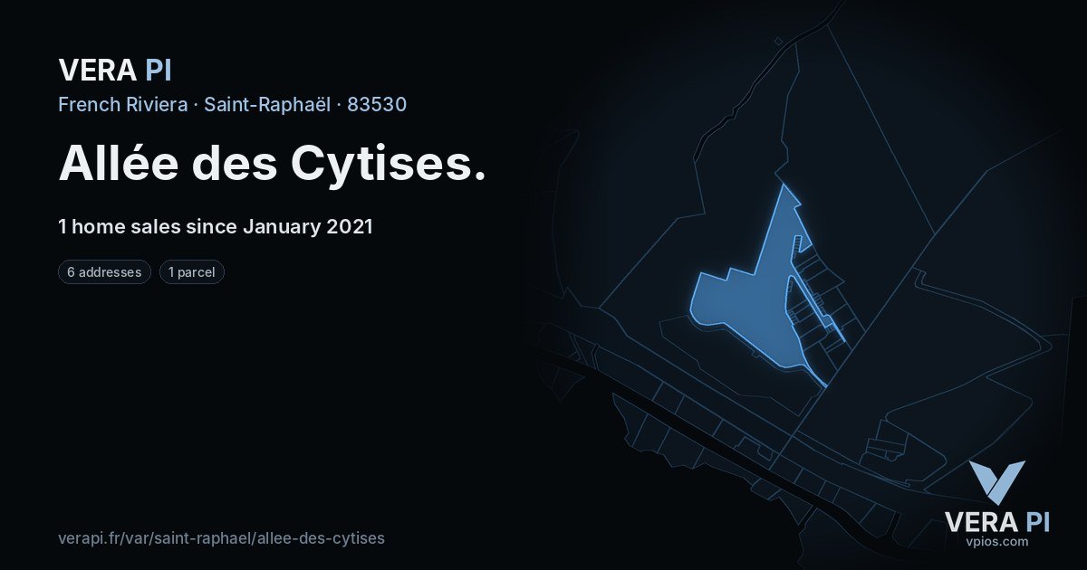 Allée des Cytises, Saint-Raphaël at night – every parcel coloured by the prices around it, the street's own parcels lit