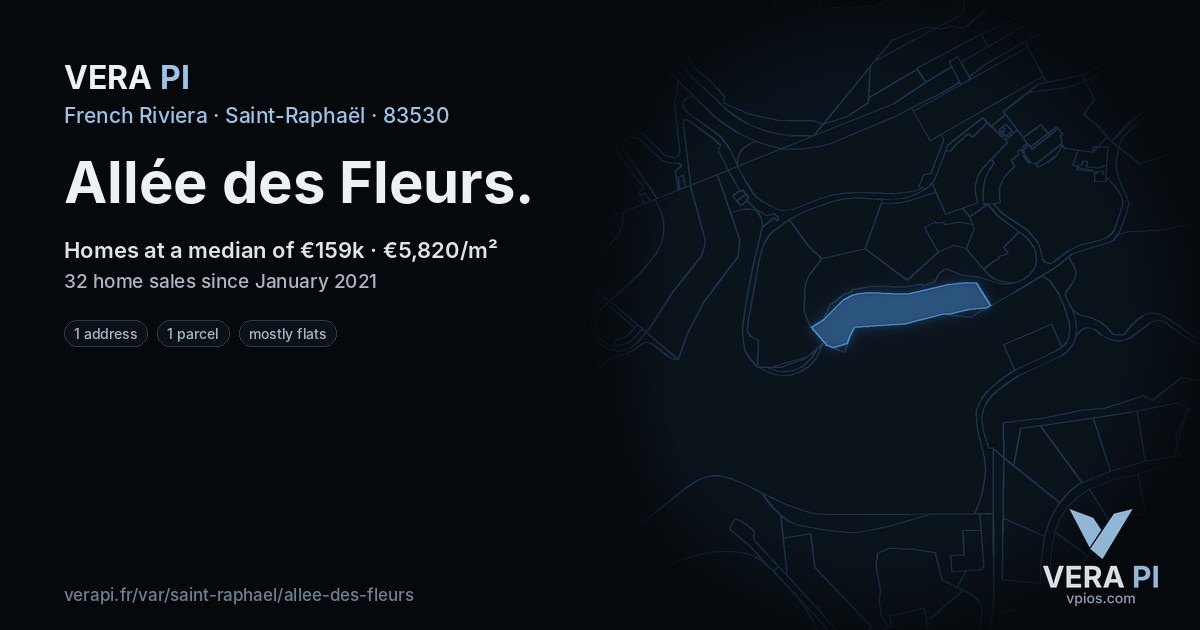 Allée des Fleurs, Saint-Raphaël at night – every parcel coloured by the prices around it, the street's own parcels lit